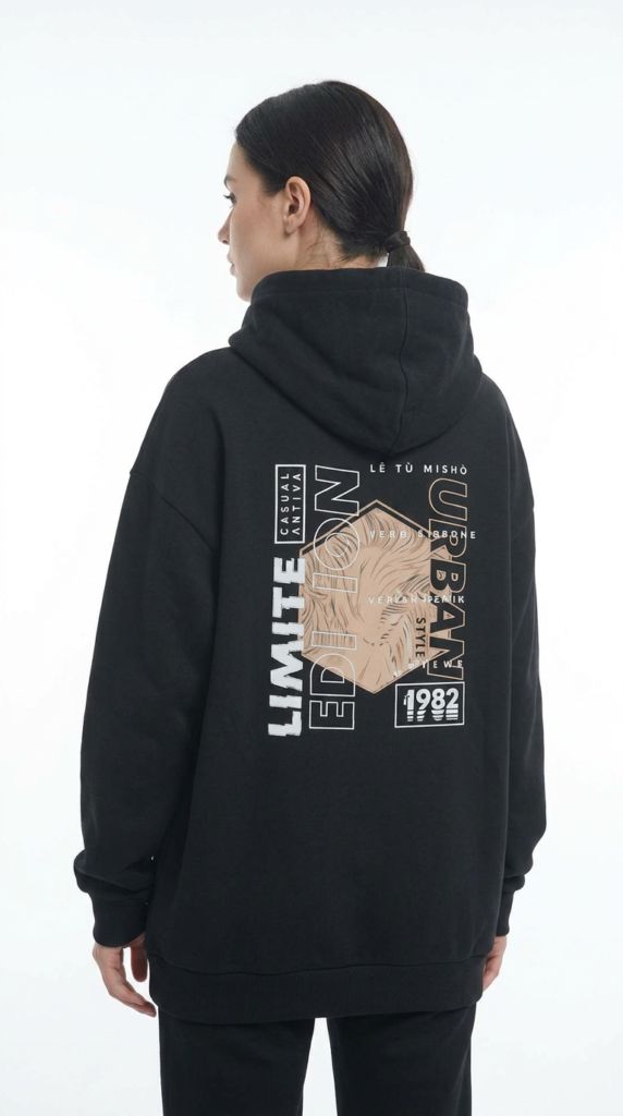 female model wearing a black hoodie with graphic design on the back featuring text limite en and beige graphic elements, shown